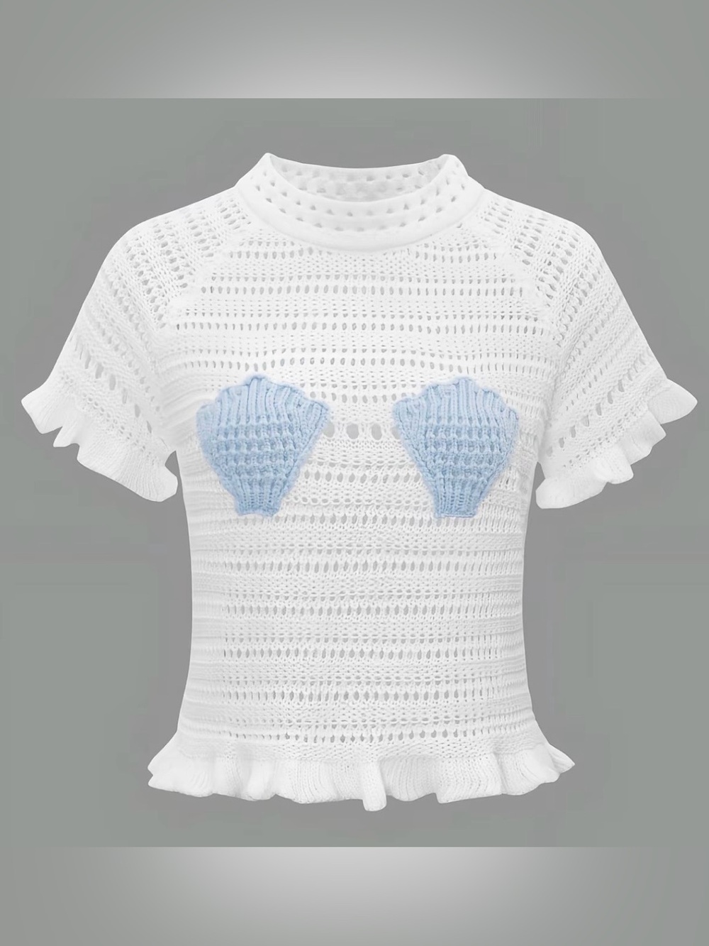 White Crochet Crew Neck Sweater with Light Blue Shell Appliqués